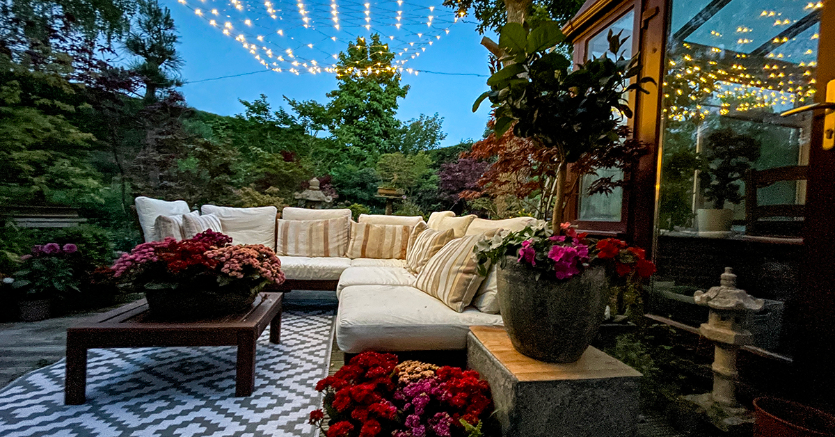 Outdoor lounging area at night
