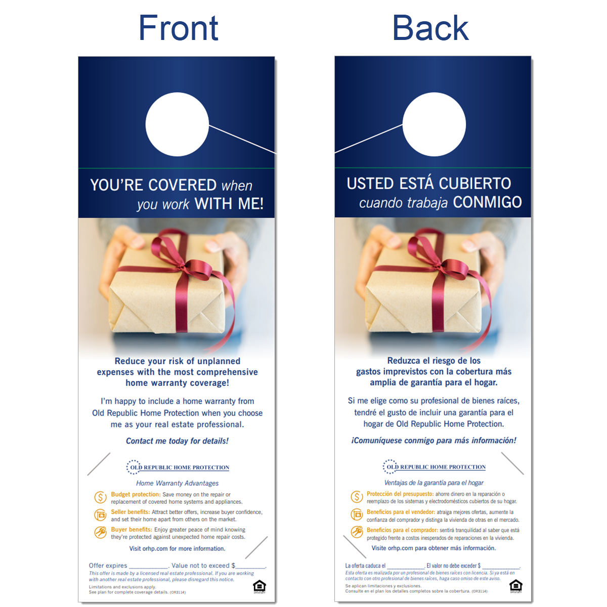 Compimentary Home Warranty Spanish and English Door Hanger